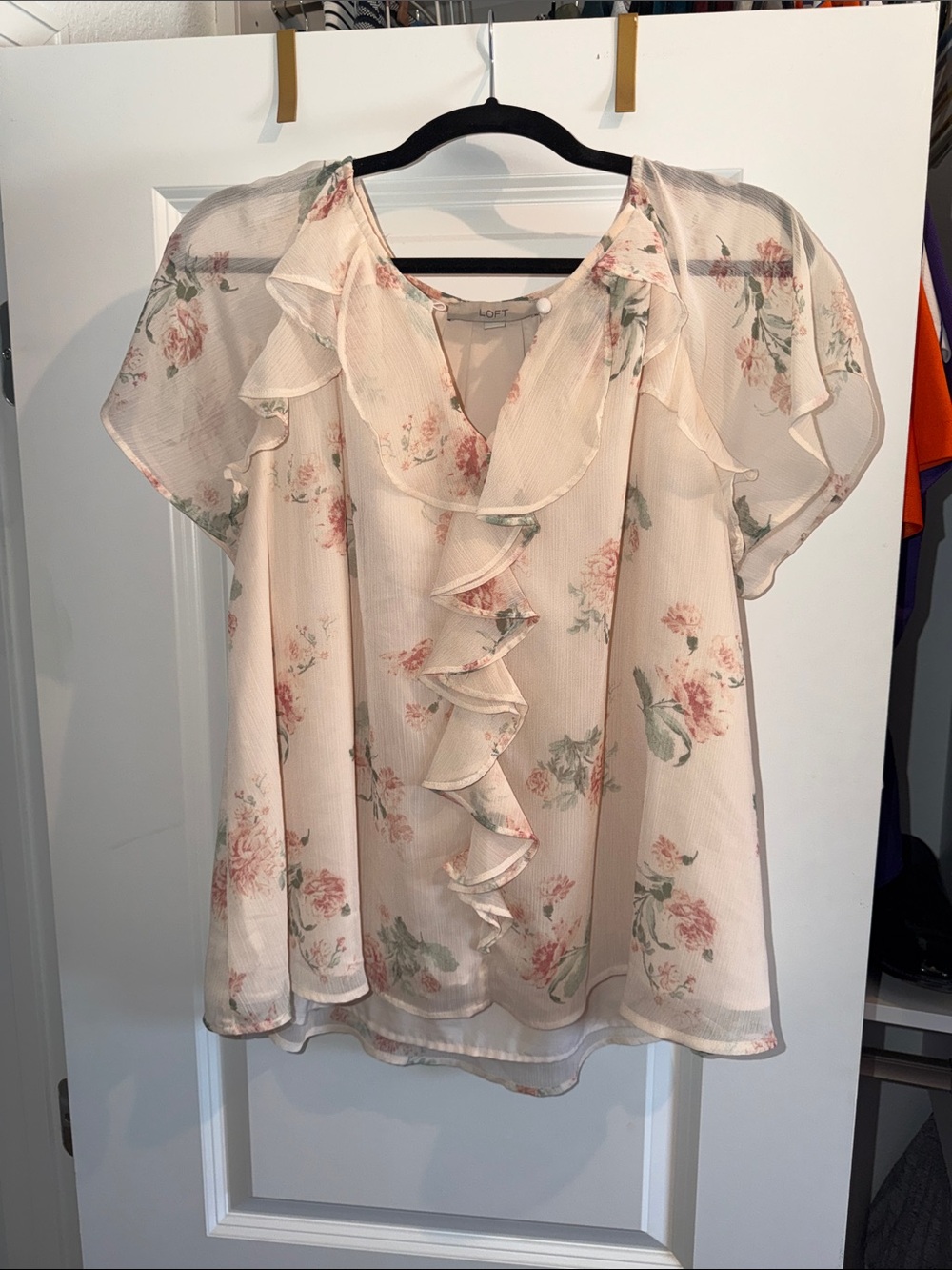 LOFT Sheer Cream Blouse with Pink Floral Ruffles